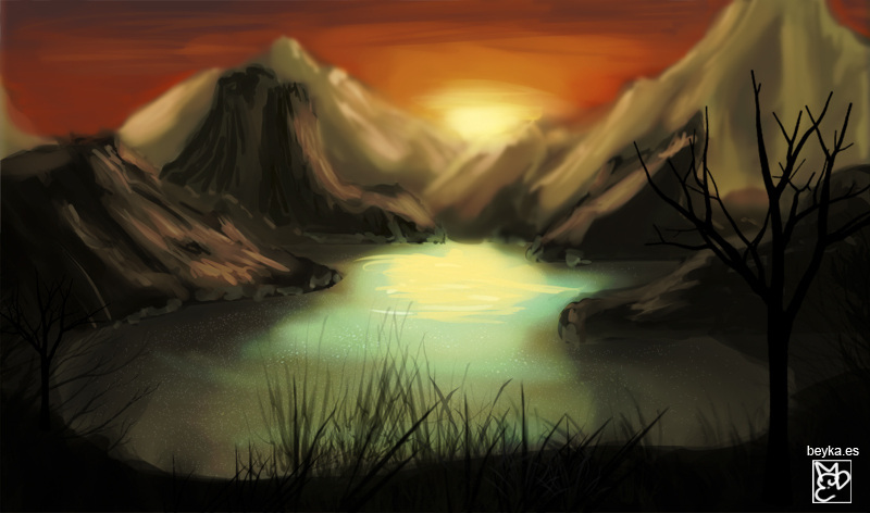 Ilustración de un pantano rodeado de montañas